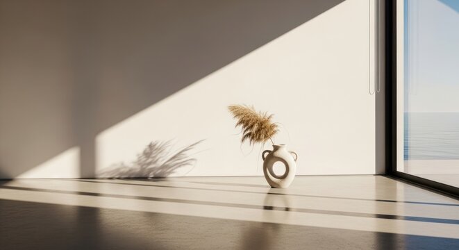 a decorative white vase with a circular cutout holding dry pampas grass