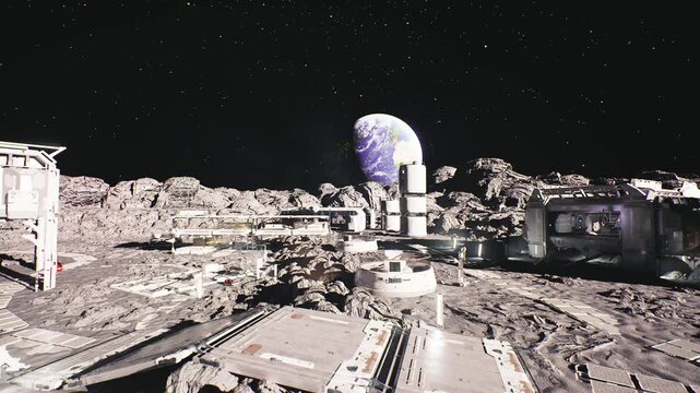 lunar research campus featuring domed laboratories and solar arrays, experimental greenhouse module visible with life support rigs, robotic samplers collecting