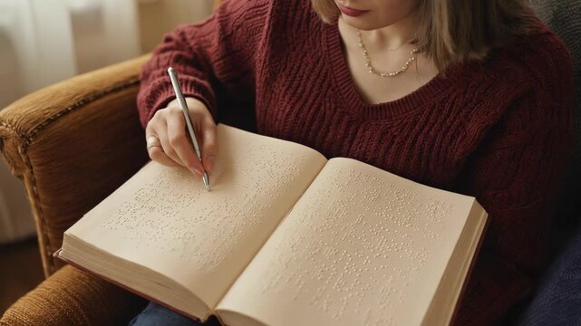 Woman Reads Braille Book While Relaxing in an Armchair, Capturing Moments of Leisure, Learning, and Accessibility.