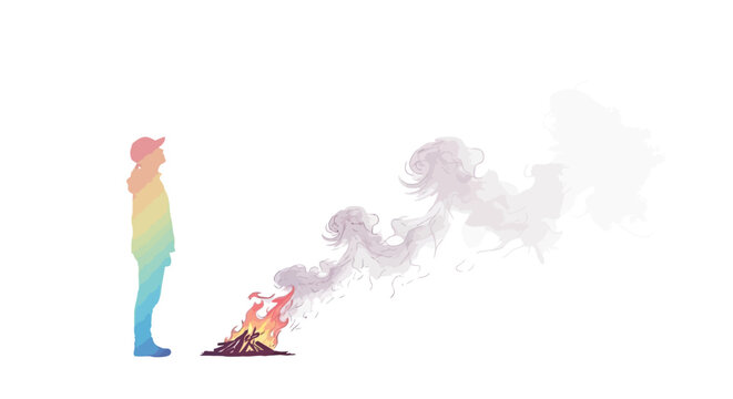 Man watching burning pile of papers.