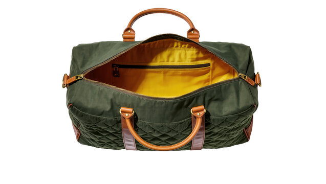 Stylish open green quilted duffel bag with brown leather handles for travel and fashion