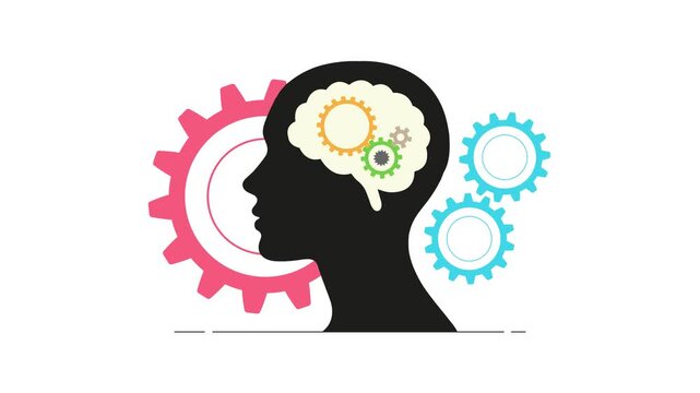 Animated human brain with gears, mechanical mind in head, cog wheel rotation on white background, technology and innovation