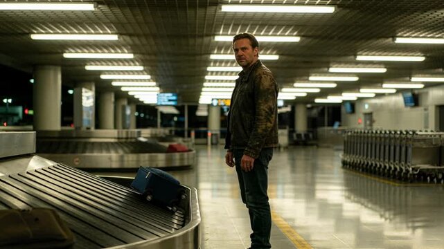 Turning traveler in bomber jacket watching arriving suitcases on airport carousel, waiting