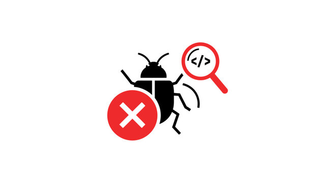 Bug icon with magnifying glass and cross symbol, representing software bug and error detection