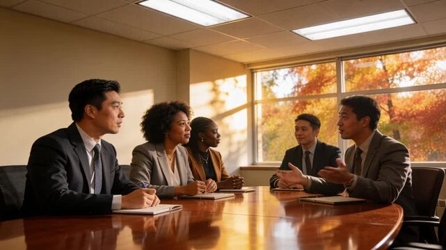 Vertical video: Right man opening biz meet team talking noting at table animated notes guiding plan