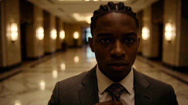 Adjusting man in gray suit tightening patterned necktie in marble corridor, facing camera