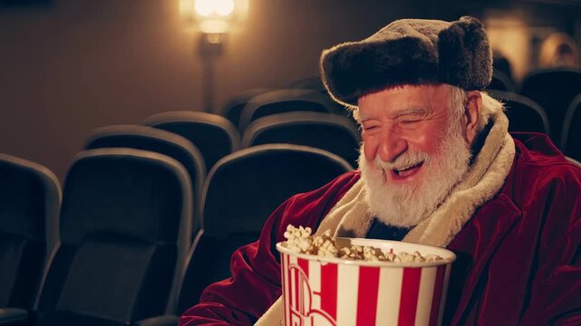 santa man laughs while eating popcorn in cinema seat. beard and hat match red coat. smile and laughter evoke holiday spirit. popcorn bucket rests on lap during film. warm light fills empty row.