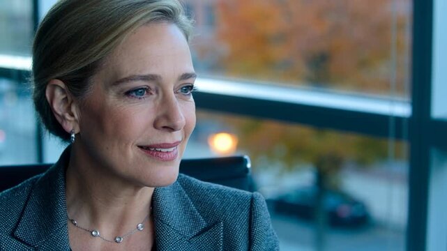 Smiling woman responding to interviewer asking in office by large window, wearing gray blazer