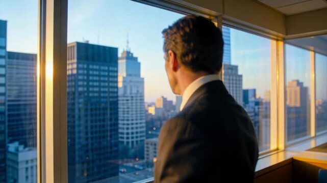 Vertical video: Standing sunlit man in suit fixing tie while viewing skyline at windows, copy space
