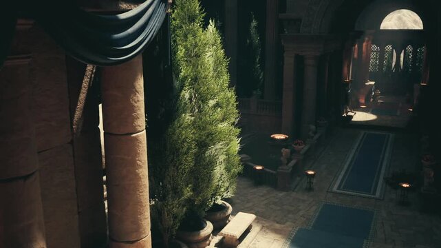 Sunlit temple courtyard with lush tree and potted greenery, soft beams filtering through columns onto stone pathway, tranquil pools and scattered urns create