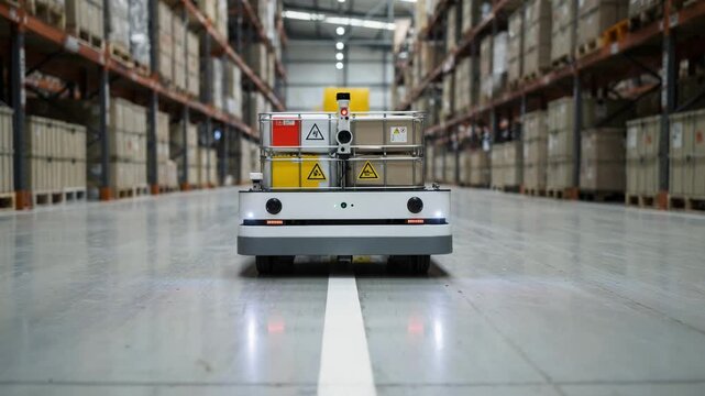 Medium shot of a floorfollowing autonomous guided vehicle transporting explosive materials safely across a warehouse showcasing sensor technology and smooth navigation.