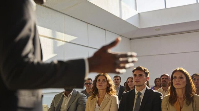 Camera widening showing presenter in suit cuffs addressing conference audience, copy space