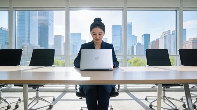 Vertical video: Woman placing hands on laptop in boardroom, opening lid and starting business work