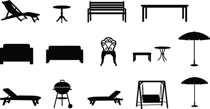Black silhouettes of outdoor garden furniture icons set including patio chairs tables umbrellas grill and bench isolated on white background for landscape design vector