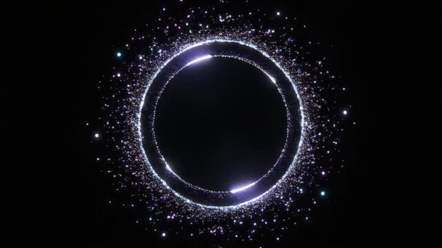 Glowing purple circle with sparkling particles on black background for technology or astronomy presentation