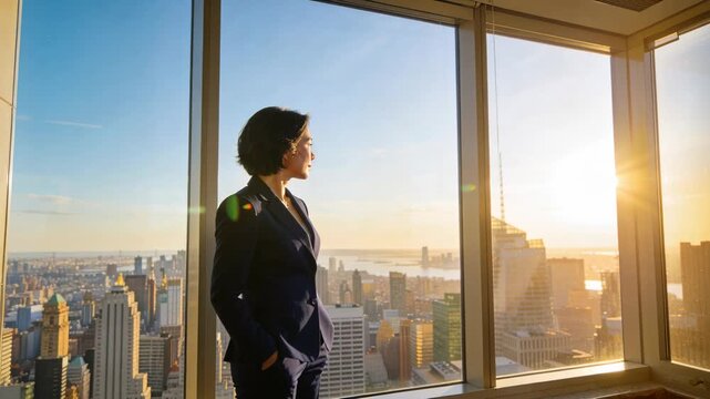 Standing woman in navy suit responding to sunset, placing hand in pocket at office with skyline