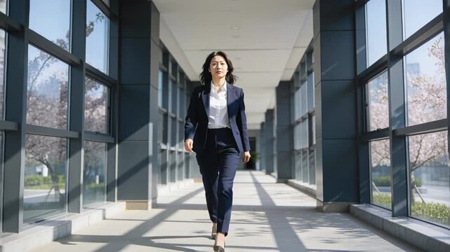 Exec starting step in glass corridor, approaching camera with lines tracing shadows for business