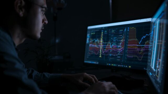 Male analyst viewing two monitors, reacting to blue trend, moving mouse and typing to trade finance