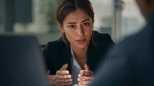 Prompted by colleague, Asian woman in blazer speaking, gesturing, clarifying at table with laptop