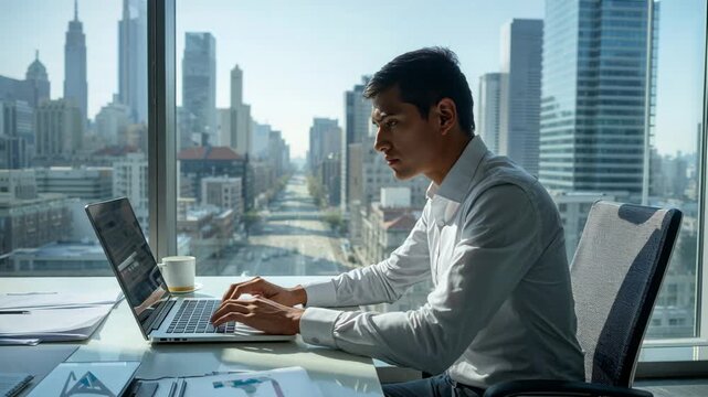 Typing Asian male in white shirt dark pants working on laptop at highrise office finishing reports