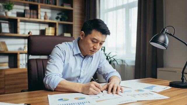 Leaning forward, office manager picking up pen and marking charts to finalize report