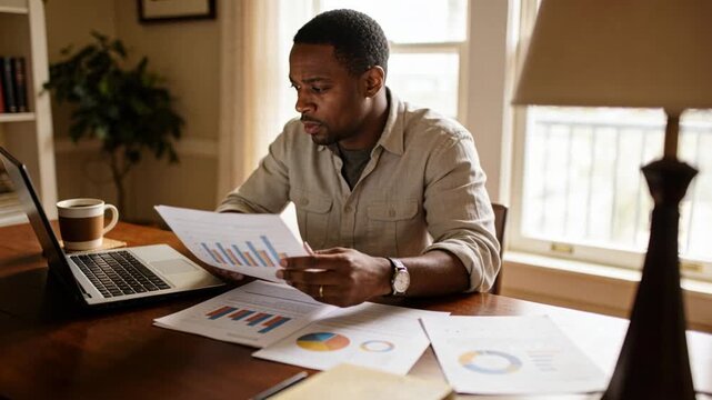 Studying printed charts, man in beige shirt comparing data with laptop at home office for report