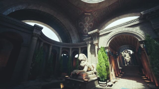 Light drenched passage under classical arches, strong leading lines toward distant statue and ornate ceiling creating cinematic perspective