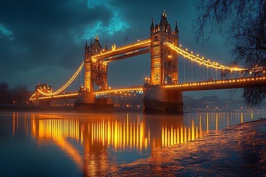 Tower Bridge London illuminated at night with reflections on the River Thames