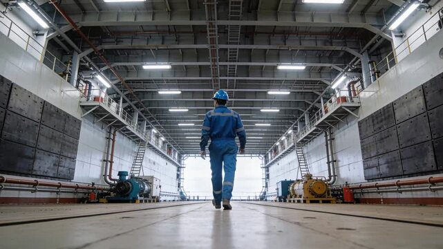 Vertical video: Male worker walking ship deck starting inspection with tags marking pipes hatch