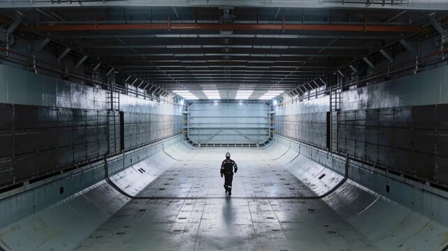 Following inspection order worker walking down cargo bay center, wearing hi-vis jacket and hard hat