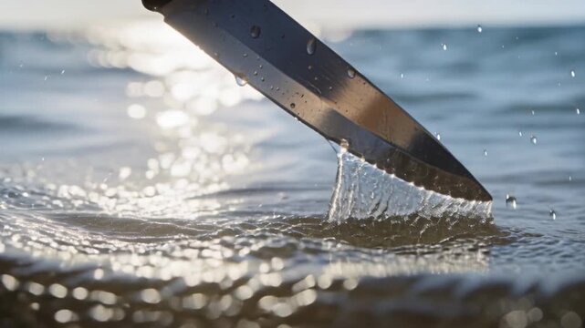 Vertical video: Droplets falling, hand dipping serrated blade into sea, cutting thin crest