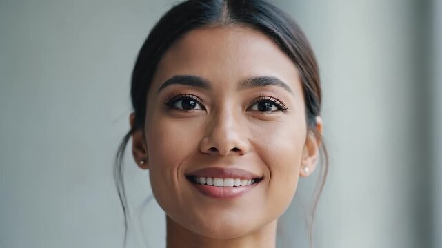 A video clip featuring a woman smiling warmly in a well lit indoor environment. The camera is static, capturing her expressions from multiple angles. Ideal for cheerful and positive themes.