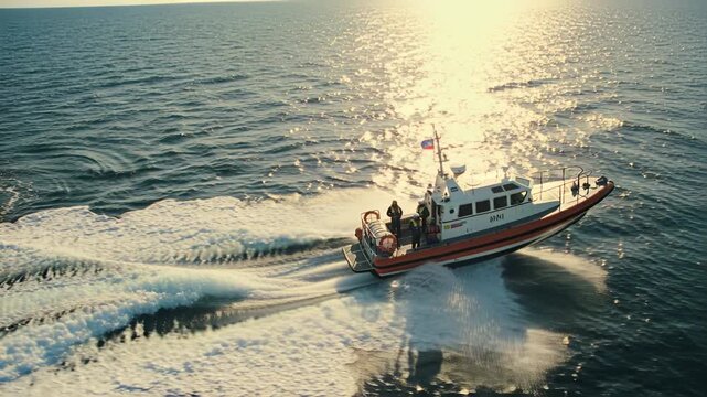 Cutting orange crew boat coming lower-right, passing yellow tower with crew in life vests