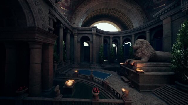 Grand staircase overlooking ornate pool, semicircular rotunda framed by columns and balustrade, potted evergreens lining pathway, warm accent lanterns