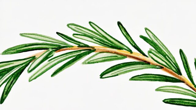 Detailed Watercolor Illustration of Rosemary Branch with Green Leaves and Brown Stems, Isolated on White Background.