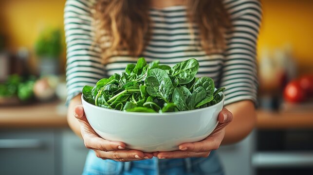 Holding salad bowl with fresh green spinach