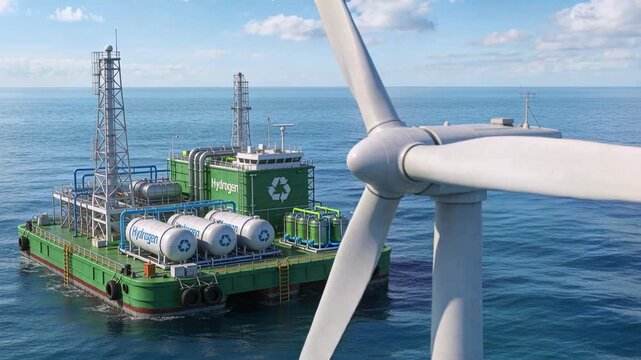 Spinning three-blade wind turbine rotor showing red tips offshore, with Hydrogen barge and tanks