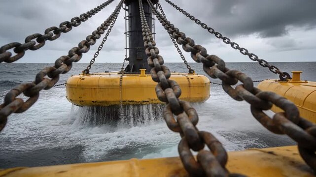 Rocking yellow buoy and rusted chains heaving from workboat deck on open ocean, with swell rising
