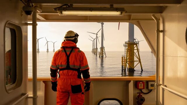Vertical video: Vessel holding position, crew stepping to railing and observing wind farm turbines