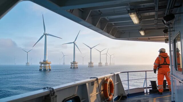 Vertical video: Crew member walking deck as vessel passes offshore wind farm, observing turbines