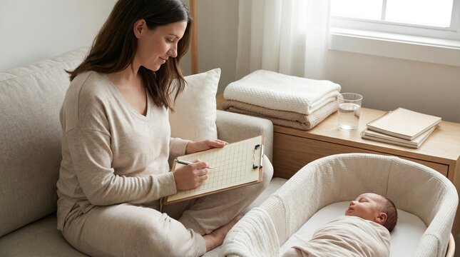 Mother writing baby routine notes while newborn sleeps at home