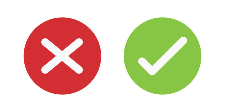 Hand drawn of Green check mark and Red cross isolated. Right and wrong icon. Vector illustration.