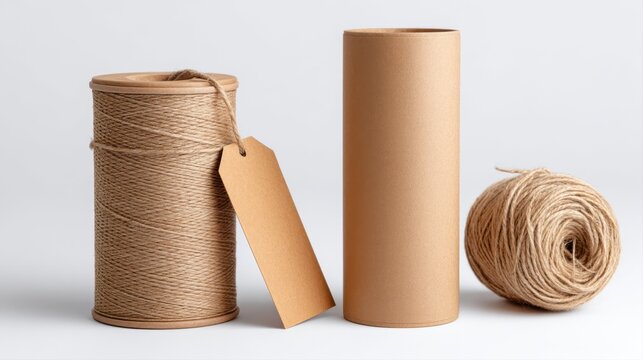 Spool of twine, cardboard tube, and ball of twine on a white background string rope