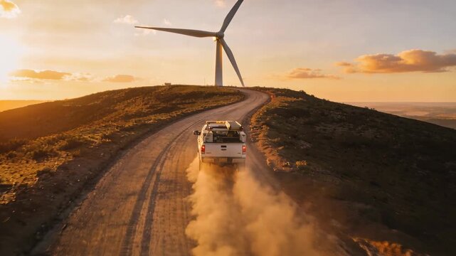 Tracking white service truck climbing dirt road, with ladder rack and toolboxes to wind turbine