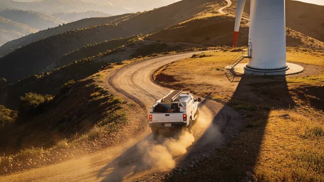 Driving white utility pickup with ladders, kicking dust on winding road at wind farm, copy space