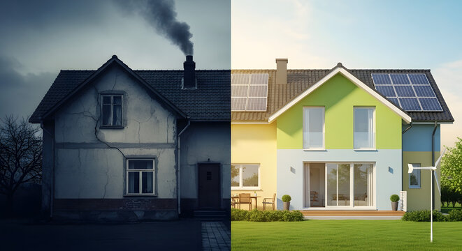 Before and After Sustainable House Transformation Split Screen