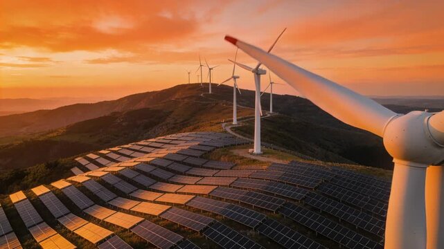 Foreground wind turbine rotating by breeze drone panning closer solar panels catching sunset energy