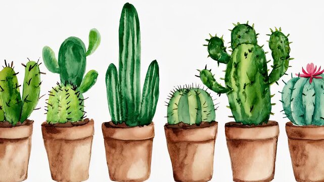 Watercolor illustration of three potted succulents, close-up, botanical art, vibrant green plants, minimalist home decor, natural elements, springtime freshness.