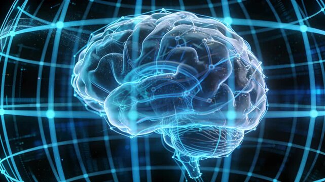 Sending comet-like energy streak activating 3D brain model in holographic sphere, linking nodes