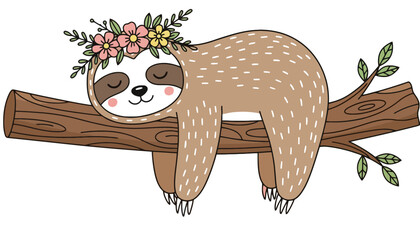 Fototapeta premium A cute sloth illustration sleeping on a tree branch with flowers